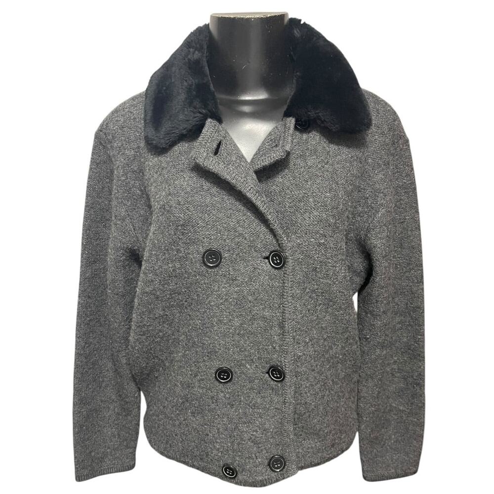 Medium Lord & Taylor Gray Sweater‎ Wool Jacket Fleece Black Collar